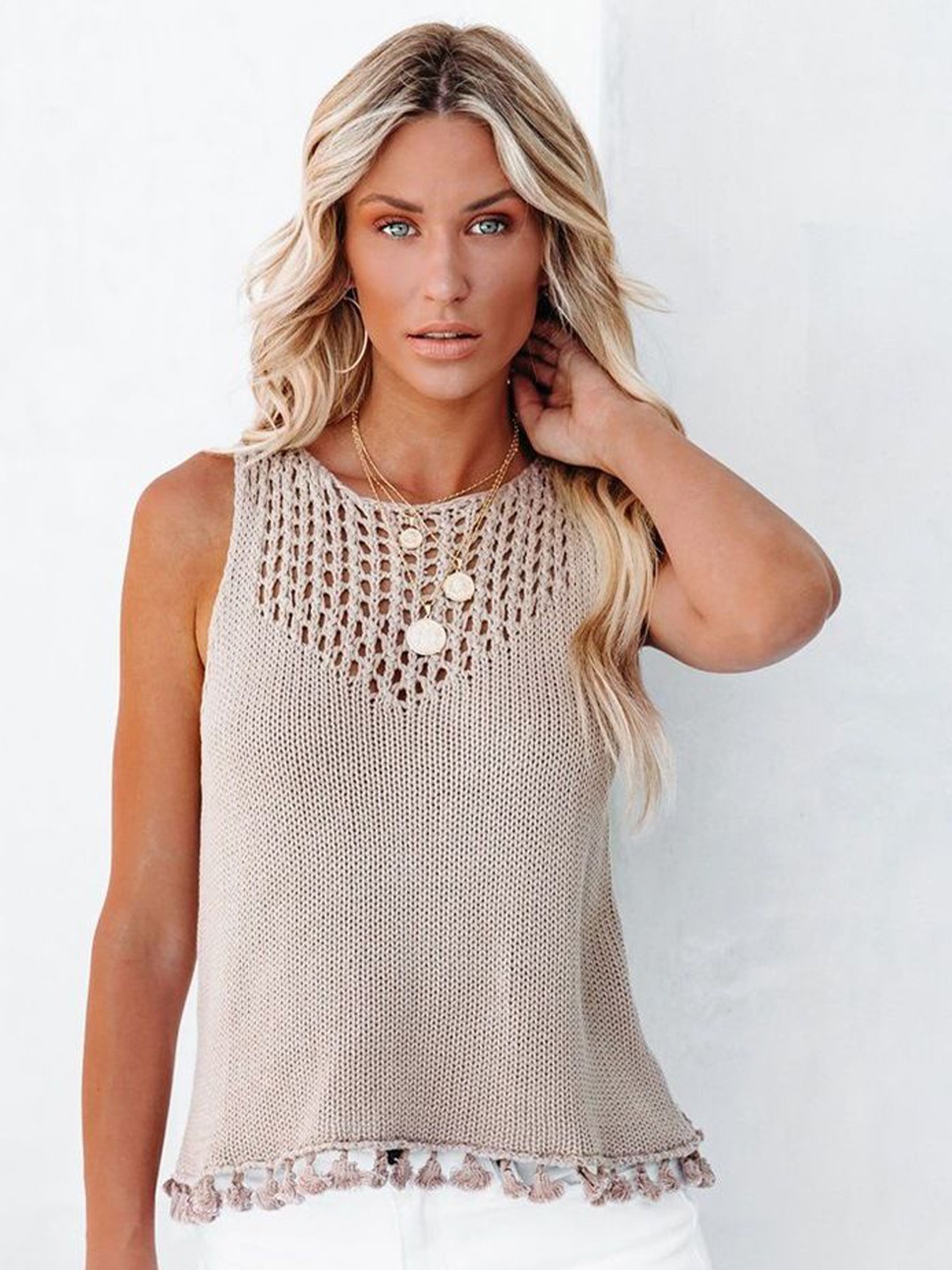 

StyleCast Women Self Design Round Neck Acrylic Top, Beige