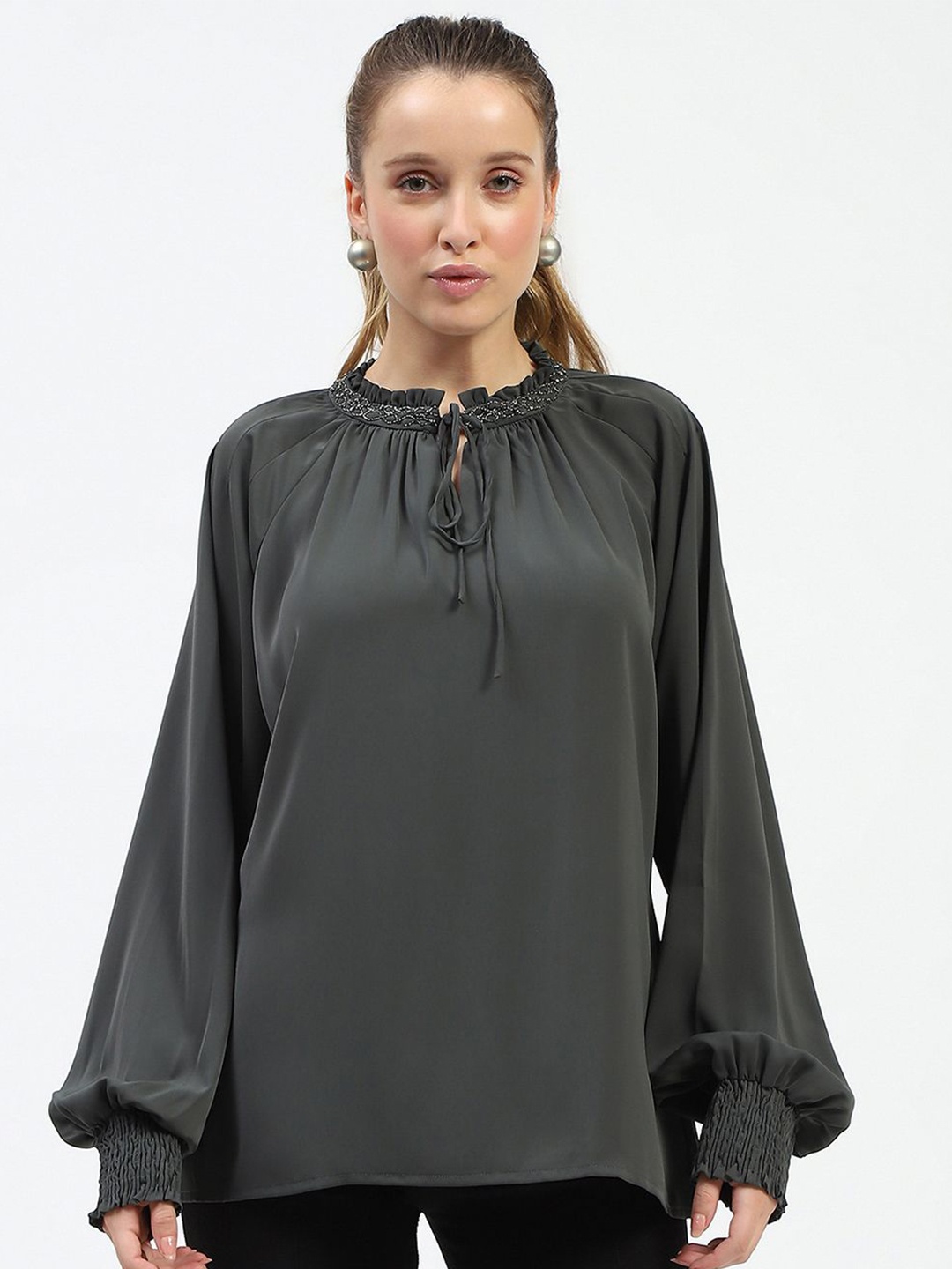 

Madame Women Solid Tie-Up Neck Top, Grey