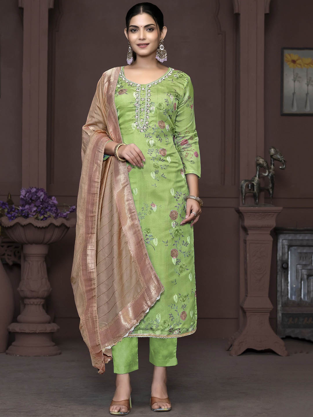 

Maroosh Floral Embellished Beads and Stones Organza Unstitched Dress Material, Green