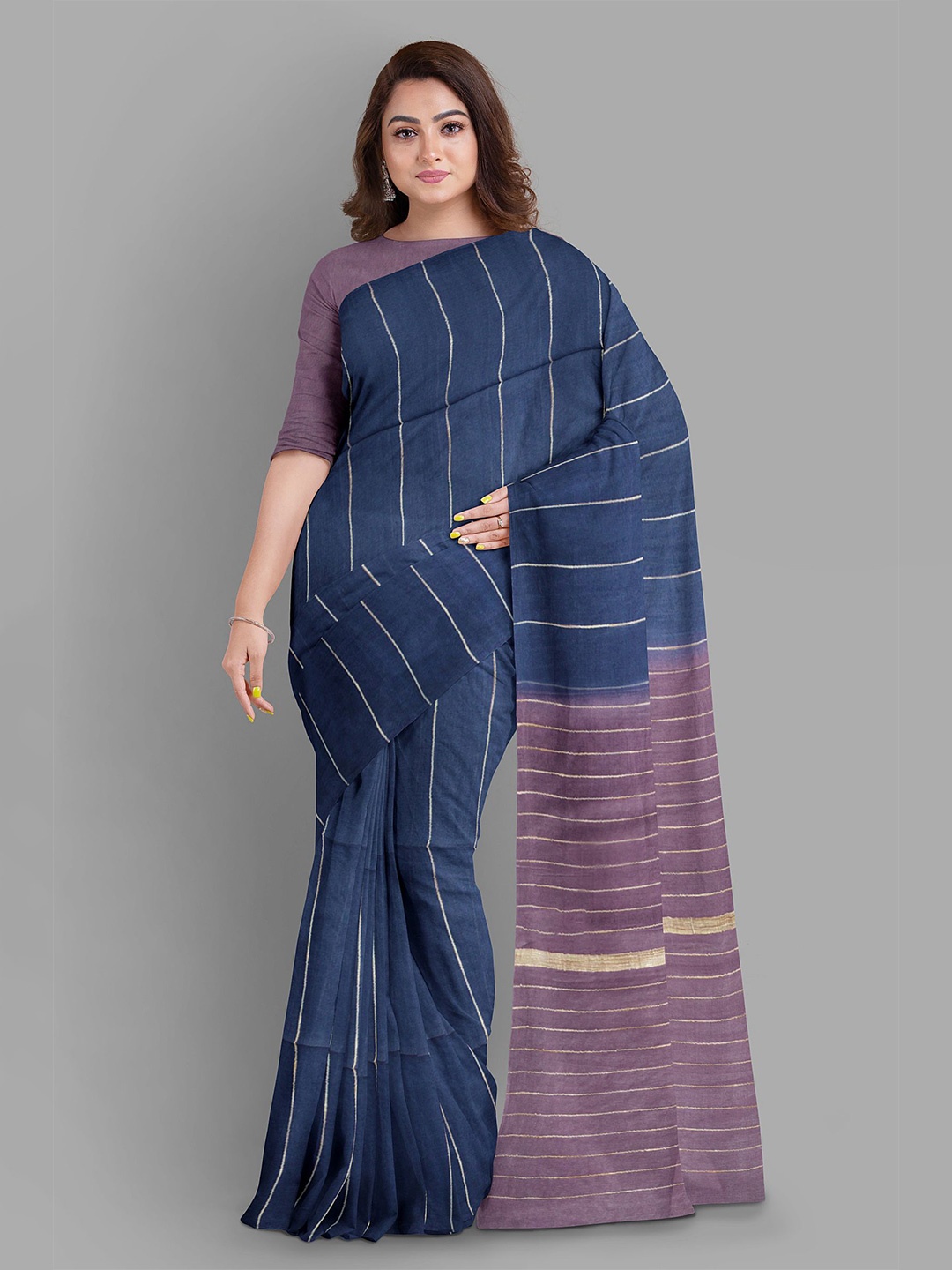 

The Chennai Silks Striped Bhagalpuri Saree, Navy blue