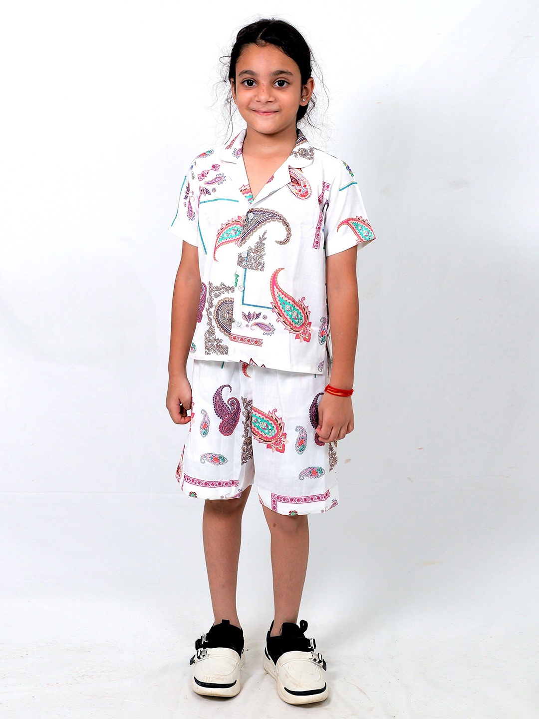 

TILISM Printed Cuban Collar Pure Cotton Shirt With Shorts, White