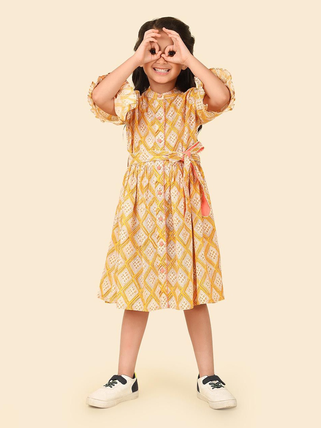 

Fabindia Girls Mandarin Collar Ethnic Motifs Printed Gathered or Pleated Fit & Flare Dress, Orange