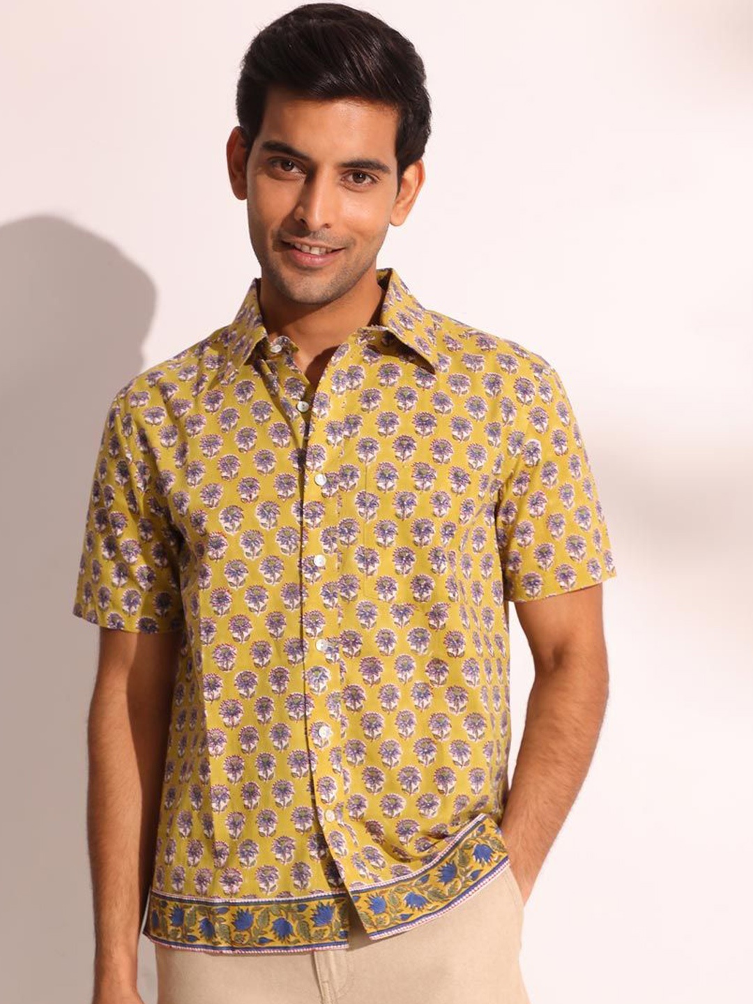 

Fabindia Men Spread Collar Floral Printed Cotton Casual Shirt, Yellow