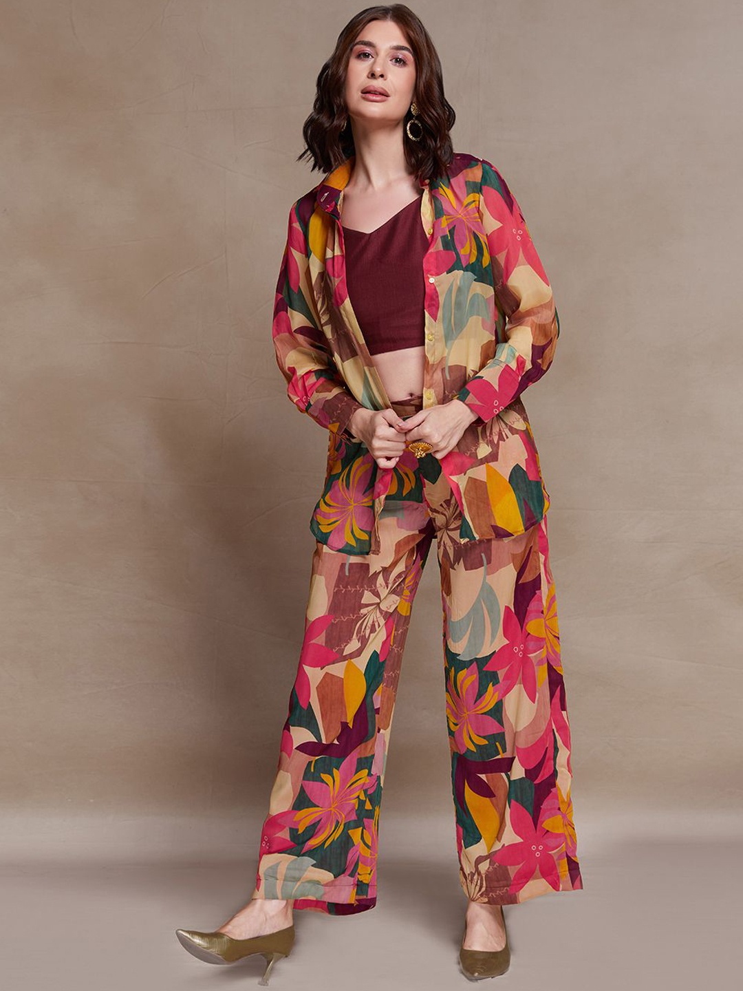 

Fusionic Printed Shirt & Trouser Co-Ords With Crop Top, Maroon