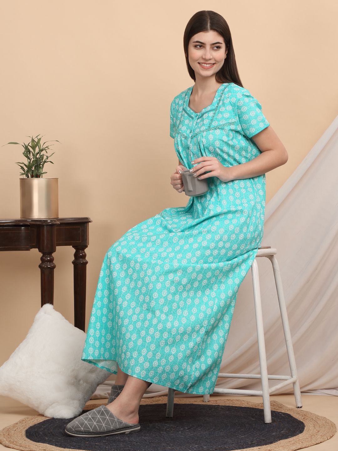 

Sweet Dreams Women Printed Pure Cotton Maxi Nightdress, Green