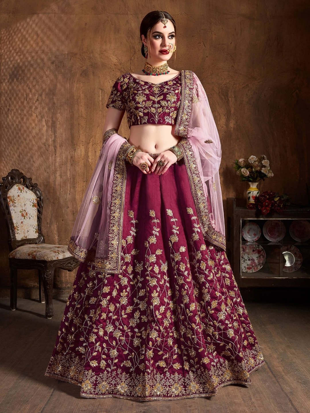 

ODETTE Floral Embroidered V-Neck Sequinned Semi-Stitched Lehenga & Blouse With Dupatta, Maroon