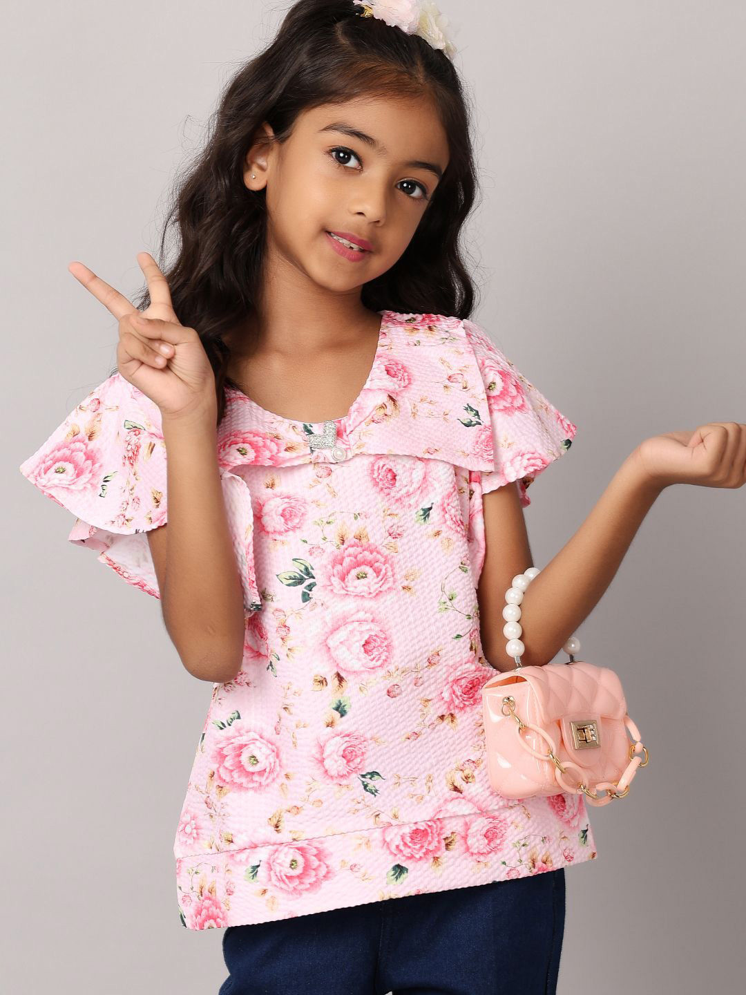 

V-Mart Girls Floral Printed Round Neck Cotton Top, Pink