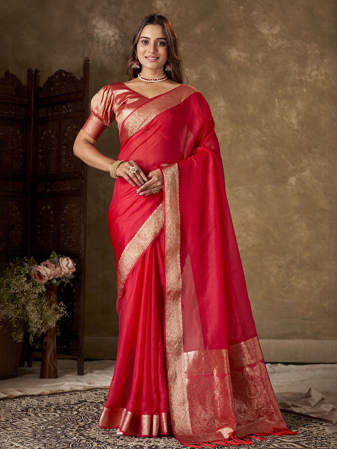 

KAYOMMI Zari Organza Kanjeevaram Saree, Red