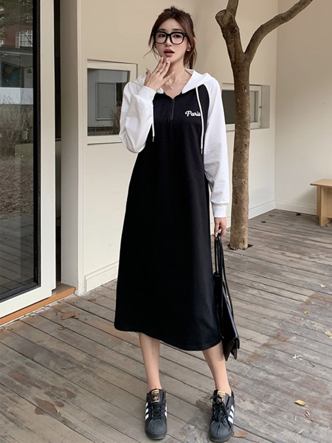 

KPOP Colourblocked A-Line Midi Dress, Black