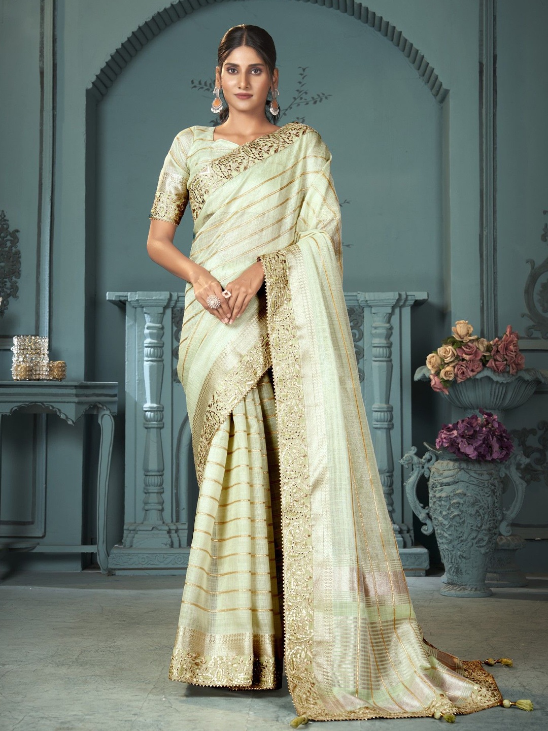 

Mitera Striped Embroidered Embellished Saree, Green