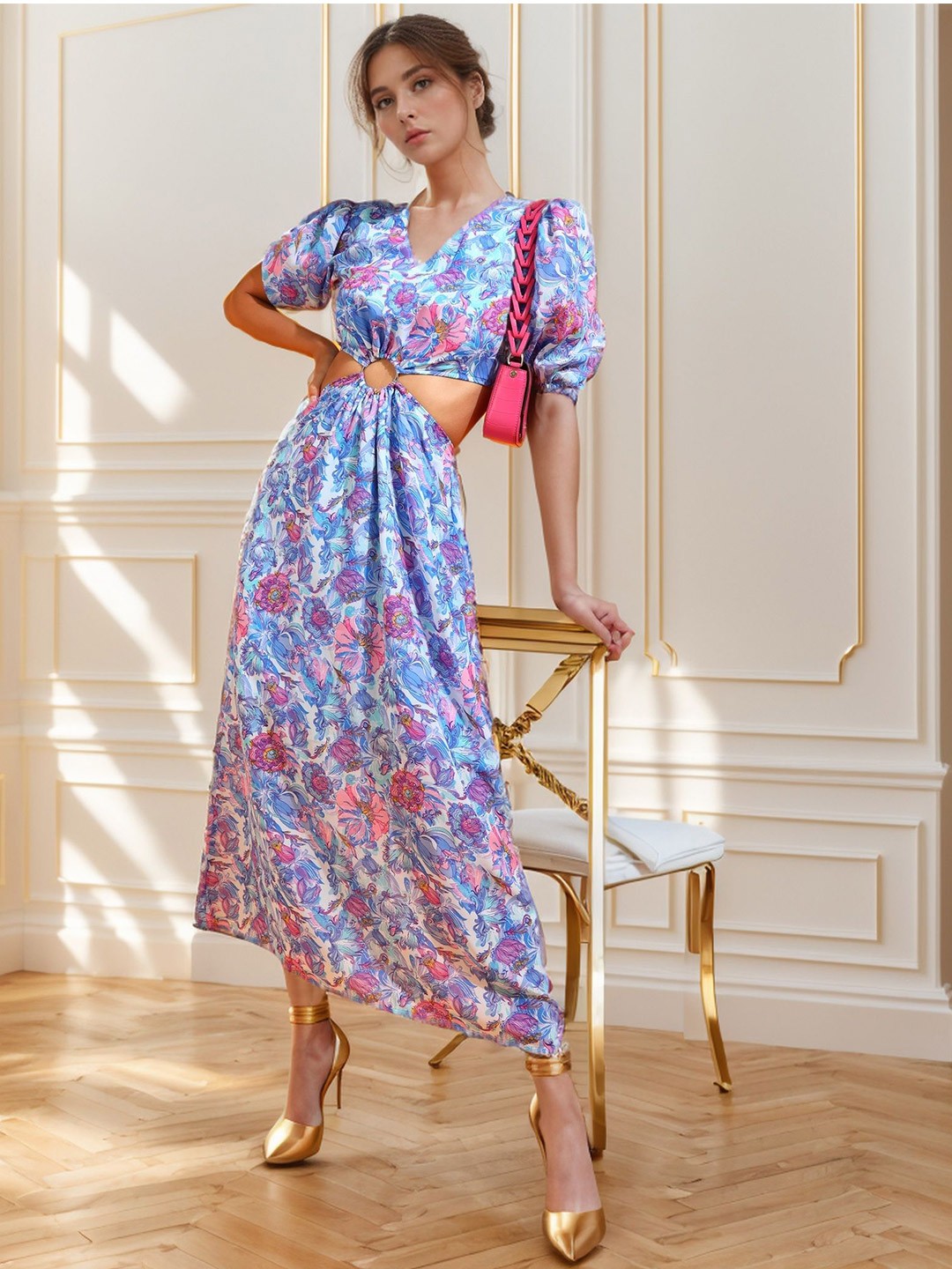 

RARE Women Floral Print Georgette A-Line Maxi Dress, Blue