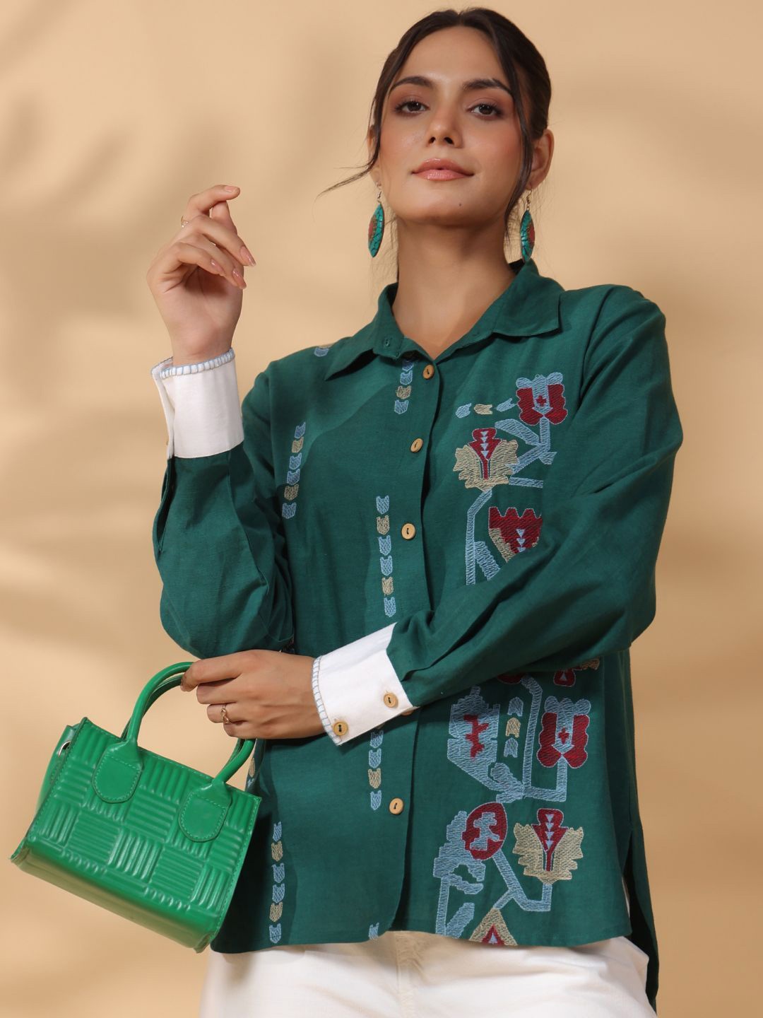 

Zolo Label Women Abstract Printed Shirt Collar Top, Green