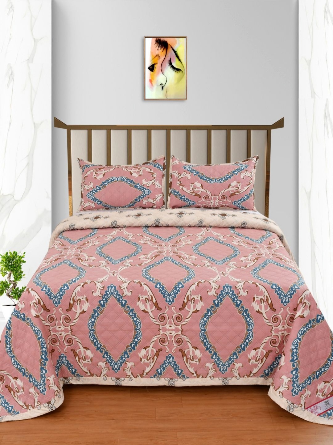 

BELVOSTUM Pink & Blue Ethnic Motifs 250 TC King Bedsheet with 2 Pillow Covers