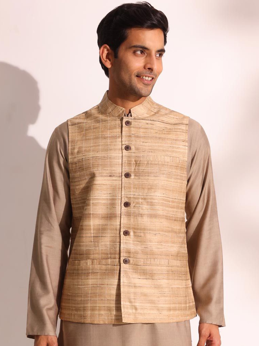 

Fabindia Woven Design Nehru Jackets, Beige