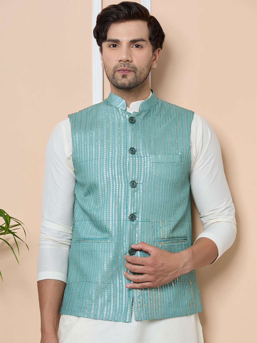 

See Designs Embellished Pure Cotton Nehru Jacket, Green