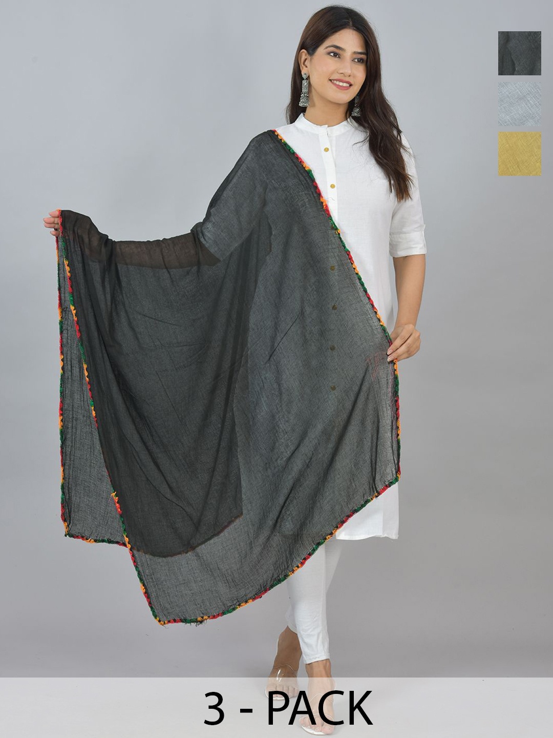 

LA FEMINAE Pack of 3 Pure Cotton Dupattas, Beige