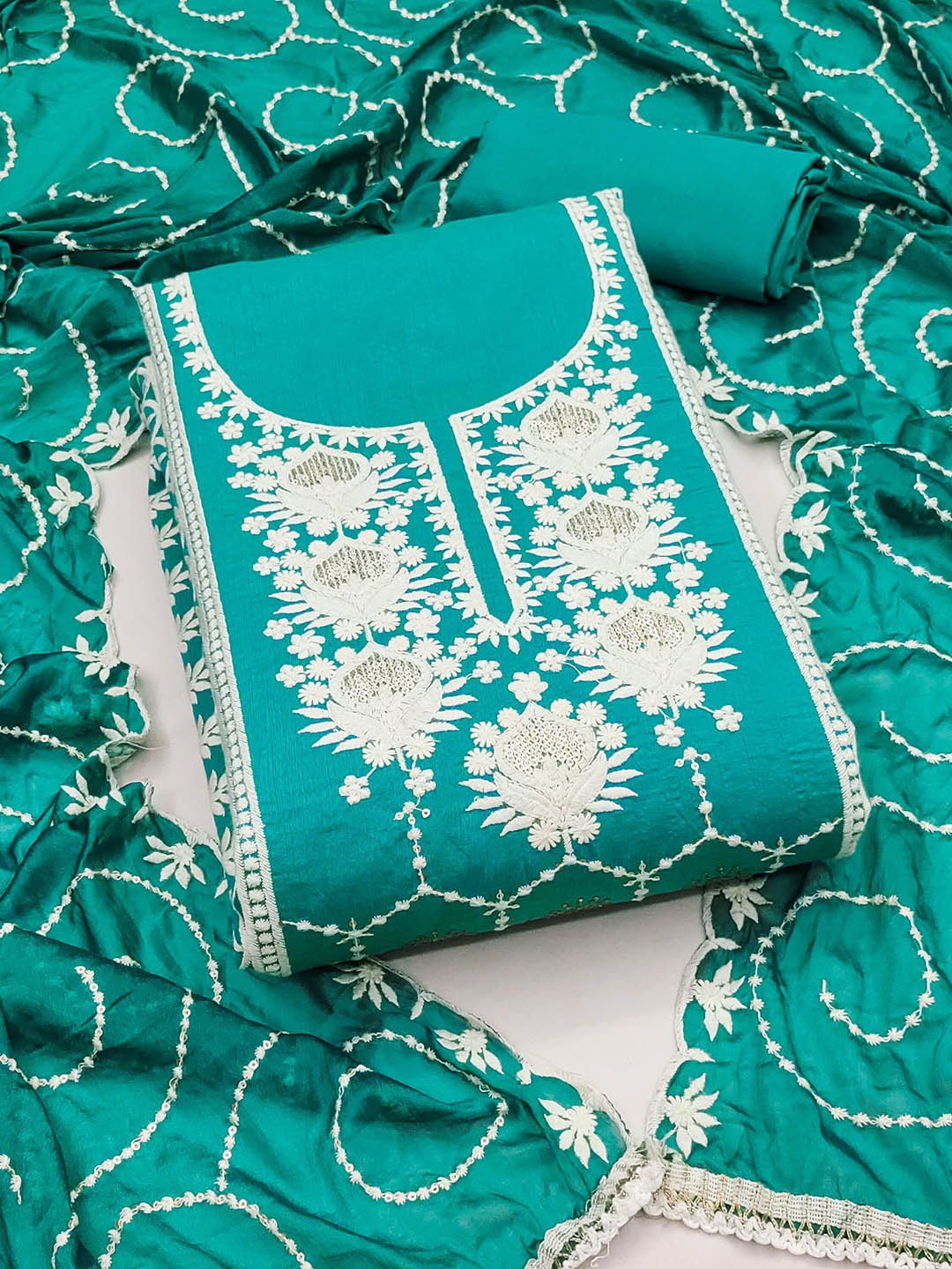 

Maroosh Floral Embroidered Sequinned Unstitched Dress Material, Teal