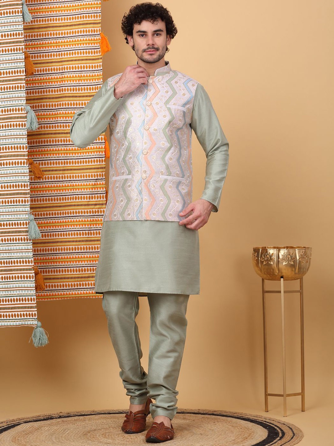

KRAFT INDIA LUXE Mandarin Collar Straight Kurta with Churidar & Embroidered Nehru Jacket, Olive