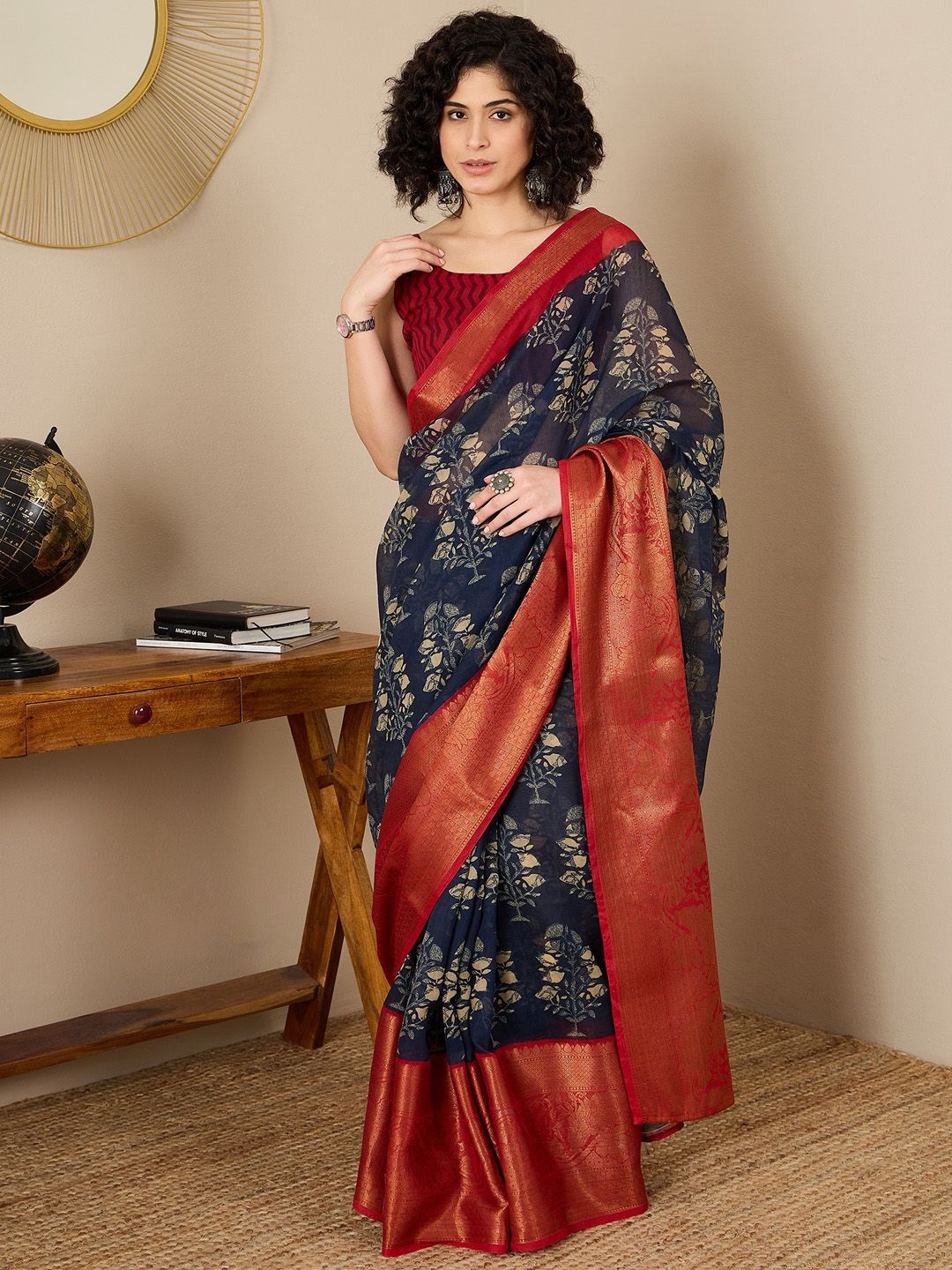 

Saree mall Ethnic Motifs Printed Zari Ready to Wear Sungudi Saree, Navy blue