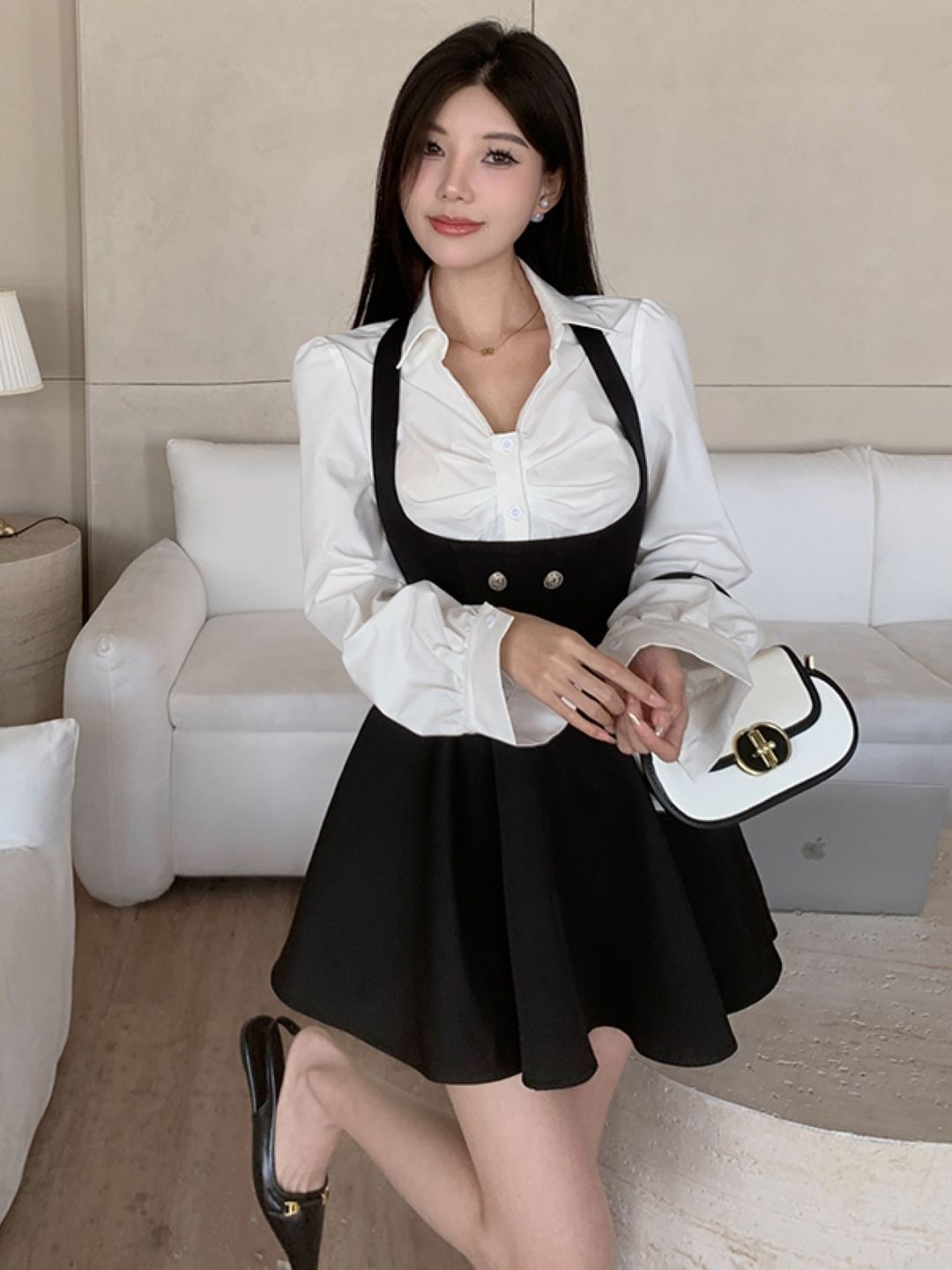

KPOP Solid A-Line Long Sleeves Dress, White
