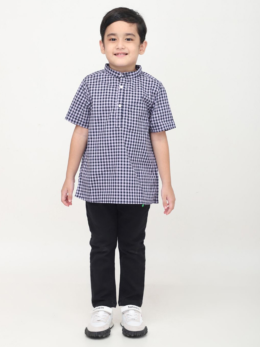 

Biglilpeople Boys Standard Mandarin Collar Checked Cotton Casual Shirt, Blue