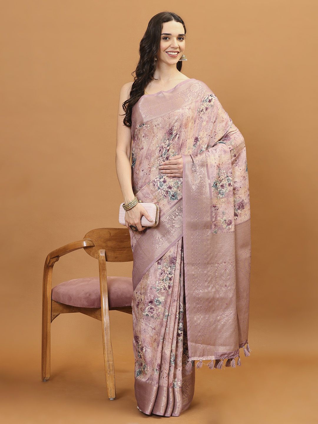 

Meena Bazaar Floral Printed Handloom Zari Saree, Pink