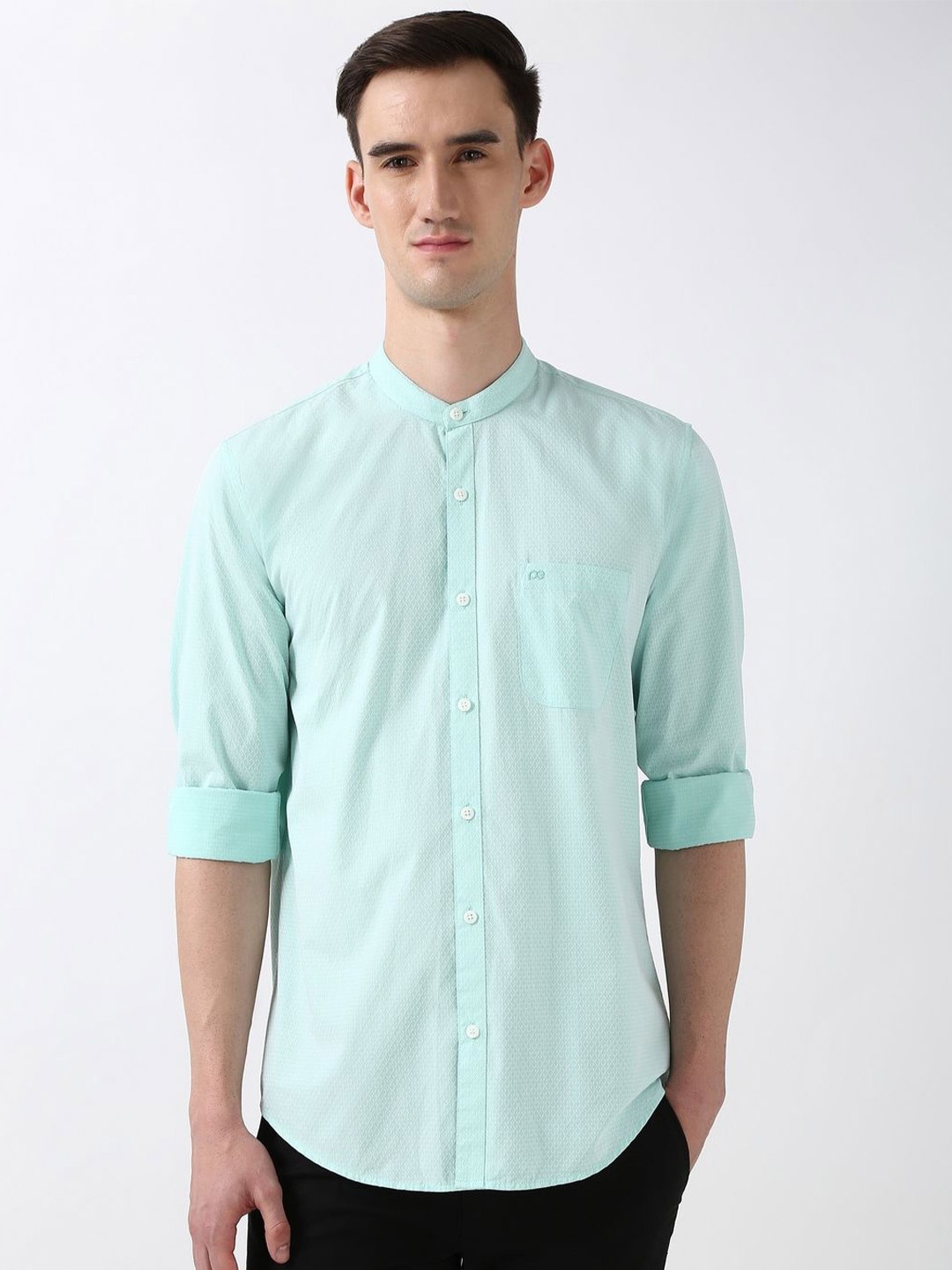 

Peter England Casuals Men Band Collar Textured Cotton Slim Fit Casual Shirt, Blue