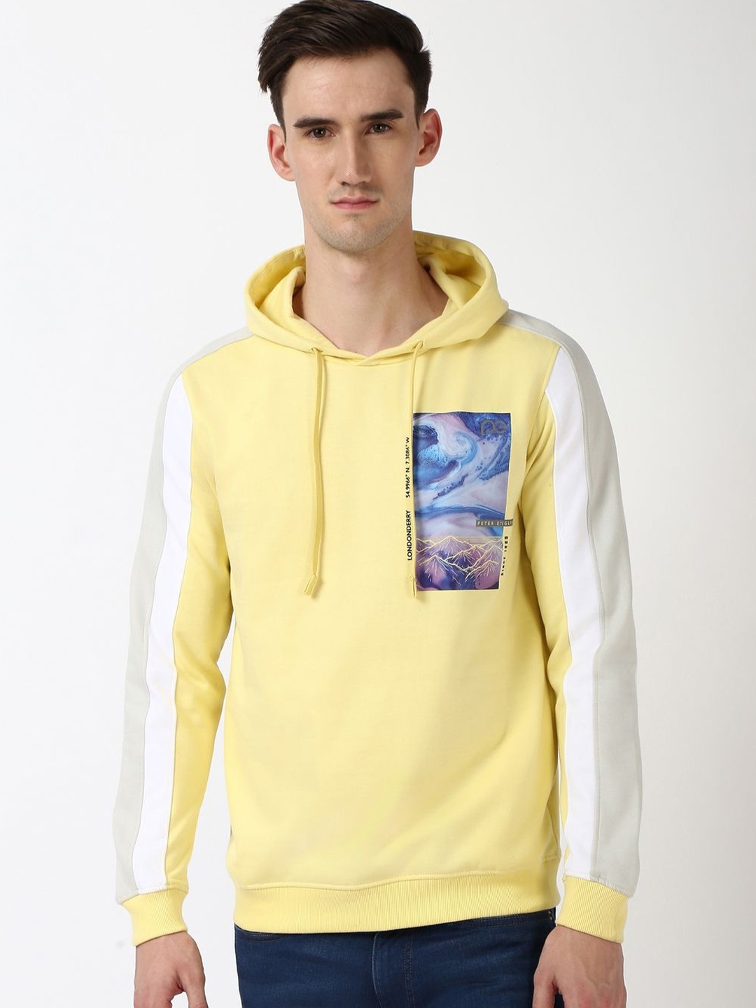 

Peter England Casuals Men Graphic Printed Hood Cotton Pullover Sweatshirt, Yellow