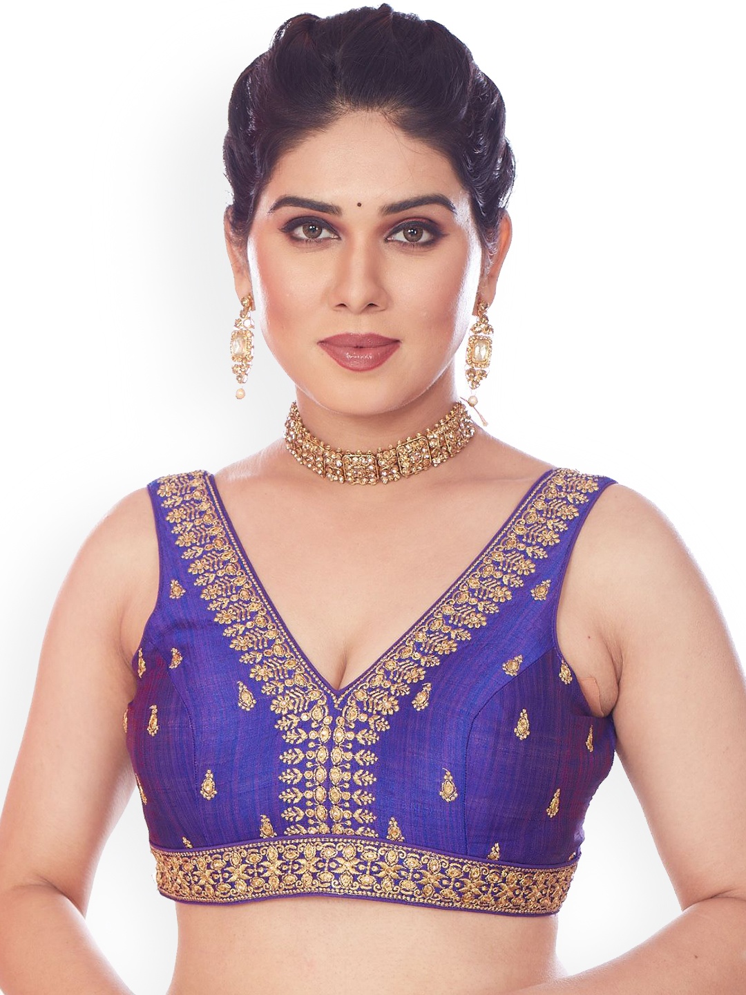 

Mmore Embroidered Padded Saree Blouse, Purple