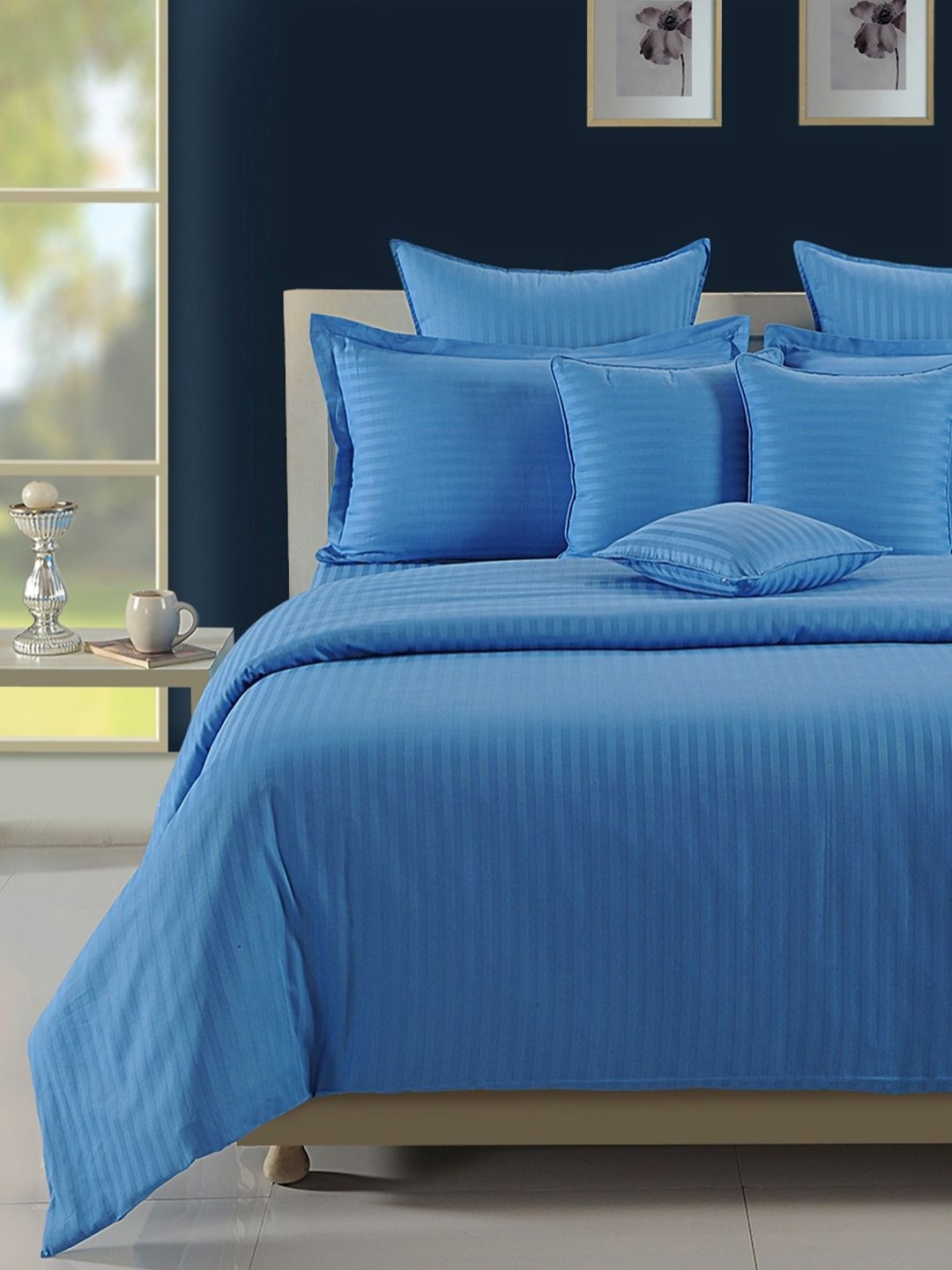 

SWAYAM Blue Striped 300 TC King Bedsheet with 2 Pillow Covers