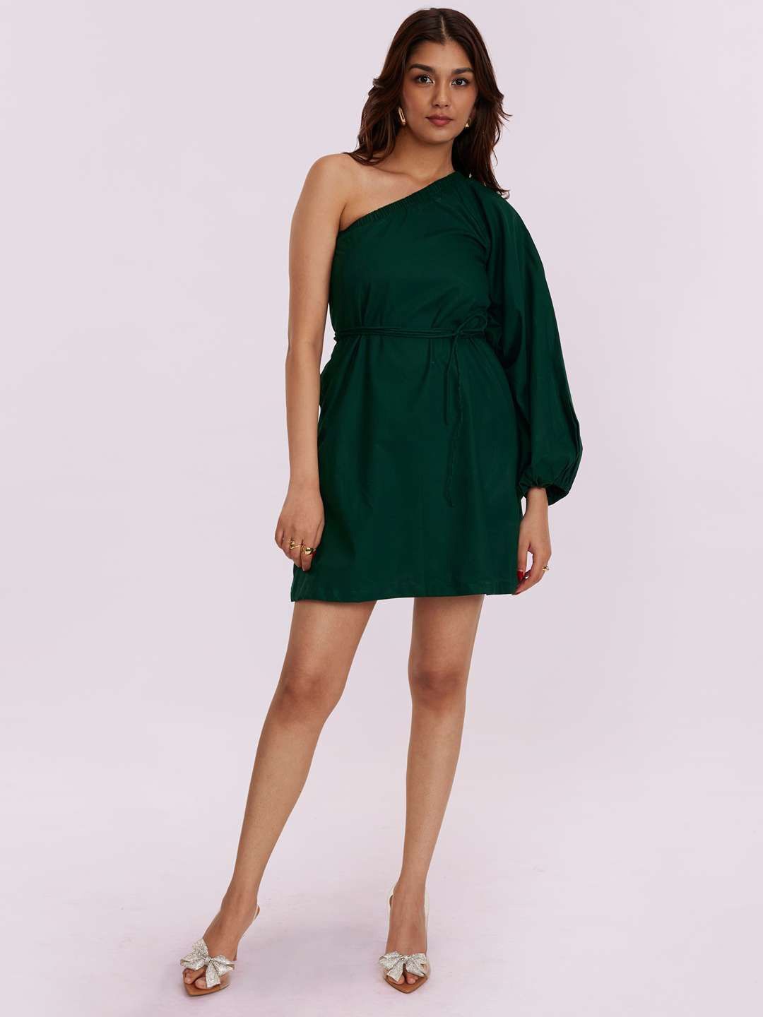 

POPPI One Shoulder Puff Sleeve A-Line Cotton Dress, Green