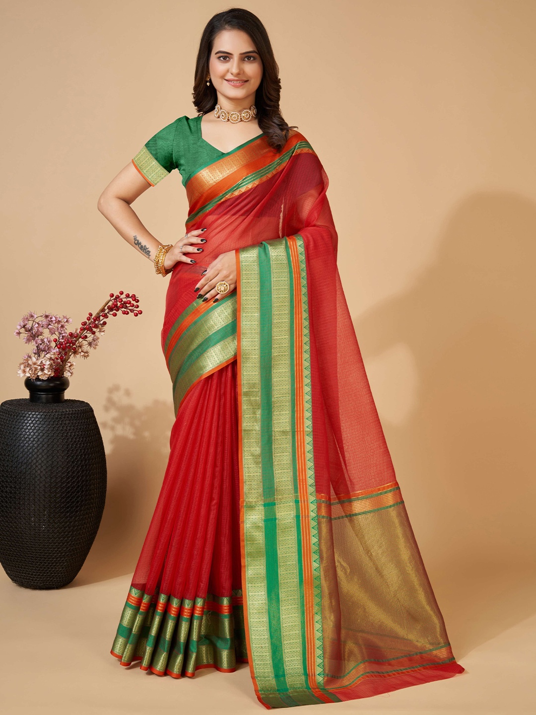 

Kriyansh Woven Design Banarasi Saree With Zari Border, Red