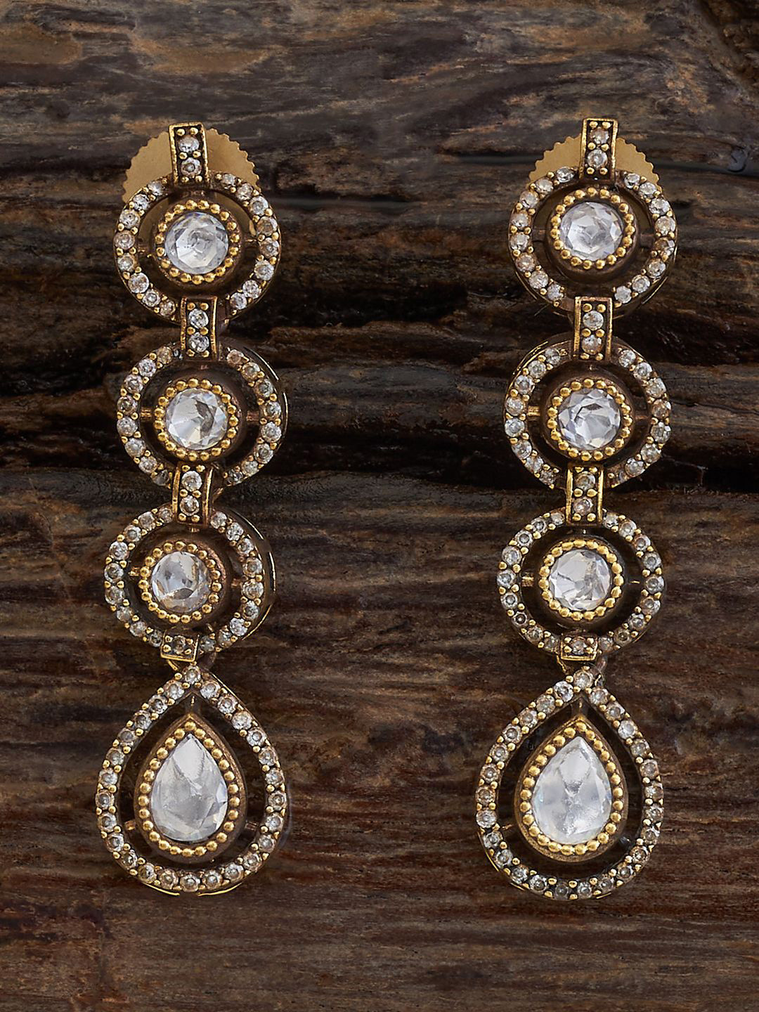 

Kushal's Fashion Jewellery Kundan Studded Teardrop Shaped Drop Earrings, Gold