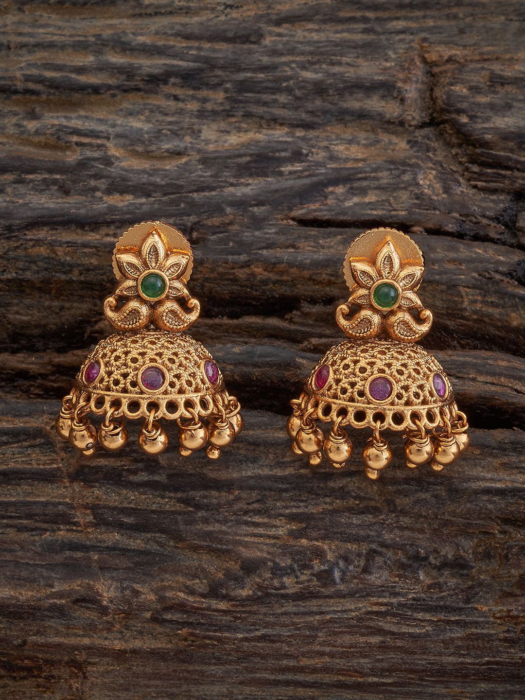 

Kushal's Fashion Jewellery Gold-Plated Stones Studded Dome Shaped Antique Jhumkas