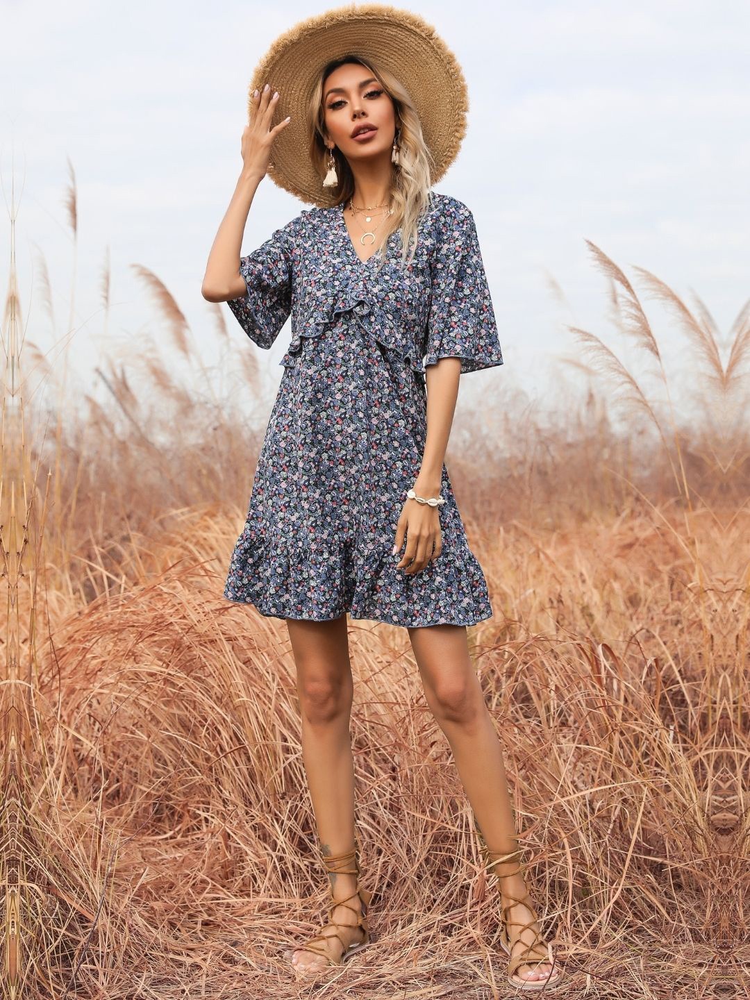 

KPOP Women Floral Printed A-Line Dress, Blue