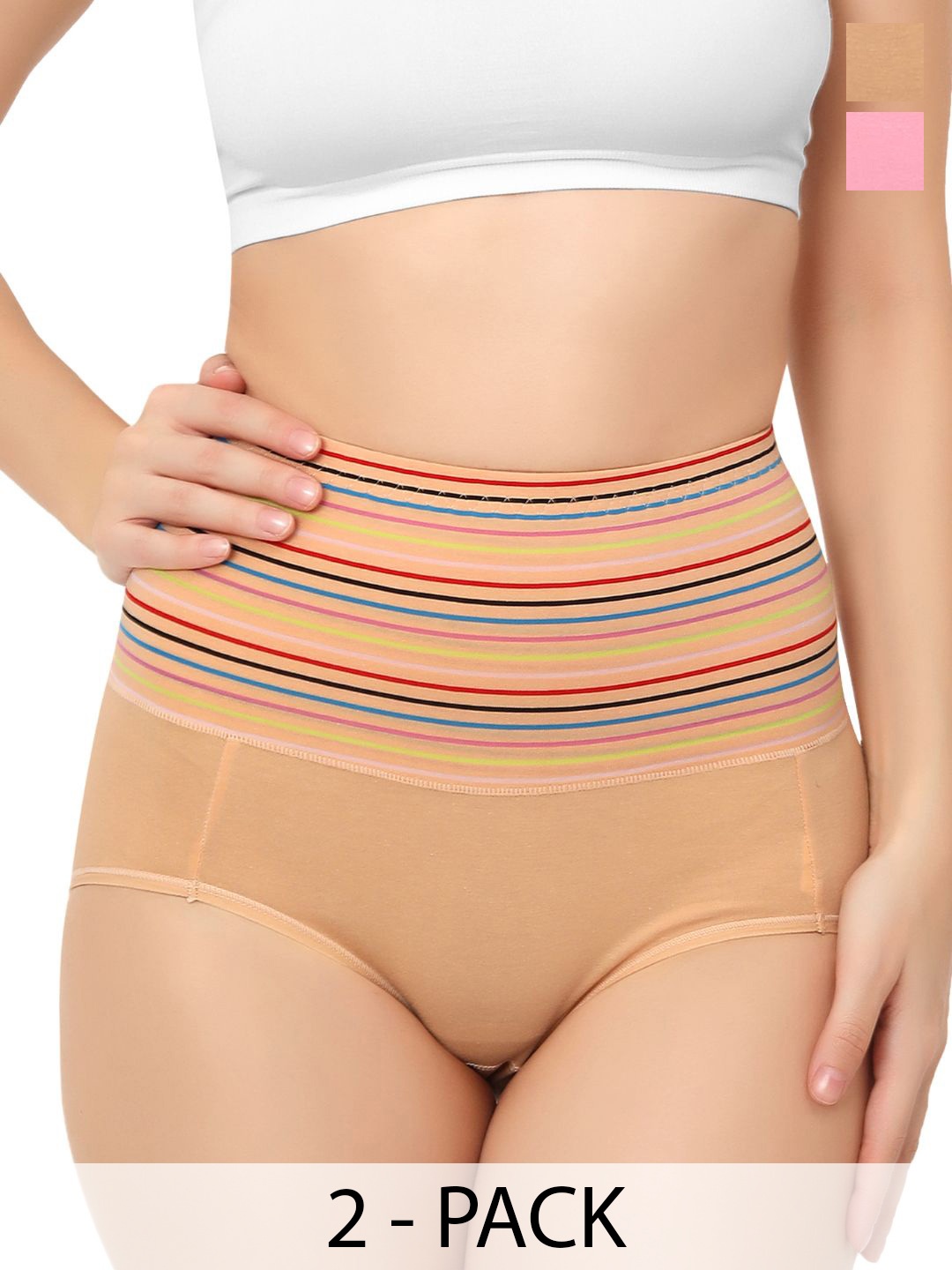 

Bella Voste Women Pack Of 2 Striped High-Waist Tummy Tucker Shaper Briefs, Beige