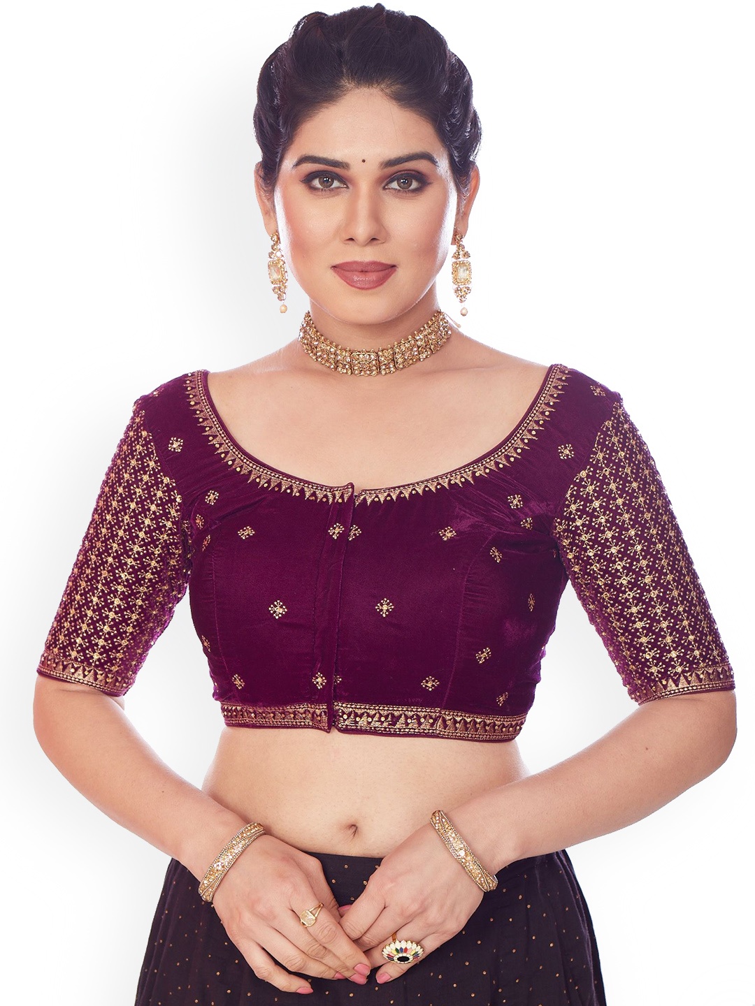 

Mmore Embroidered Velvet Padded Saree Blouse, Magenta