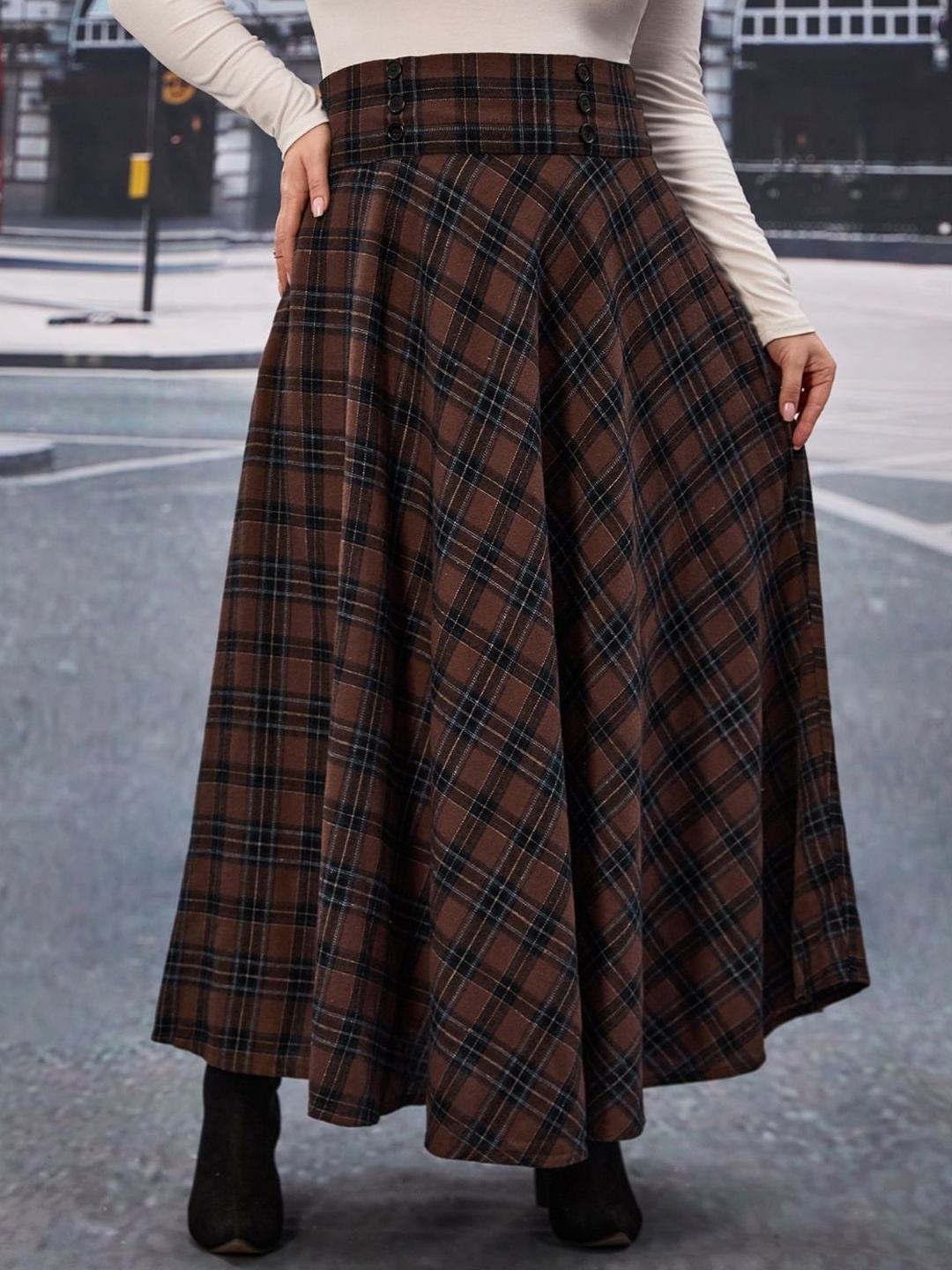 

KPOP Women Checked A-Line Maxi Skirt, Brown