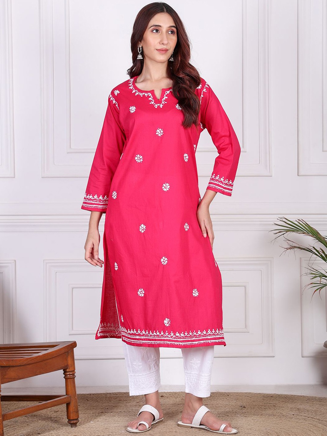 

Chowkhat Floral Embroidered Chikankari Notch Neck Pure Cotton Straight Kurta, Pink