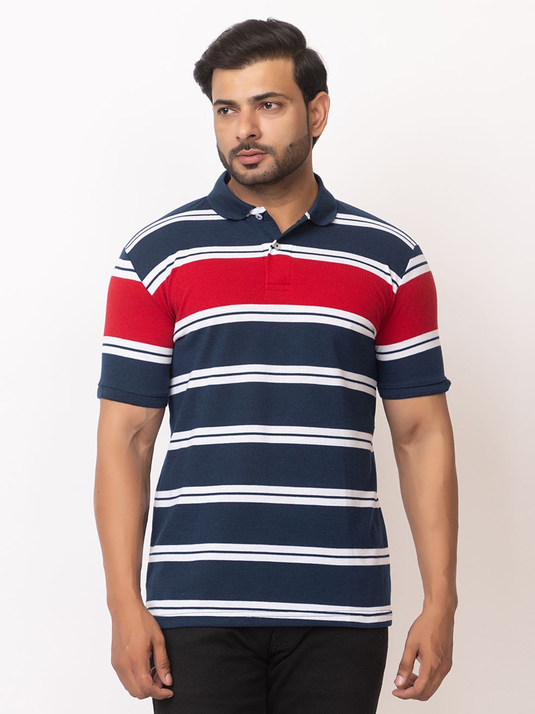

WILD COPS Men Striped Polo Collar T-shirt, Navy blue