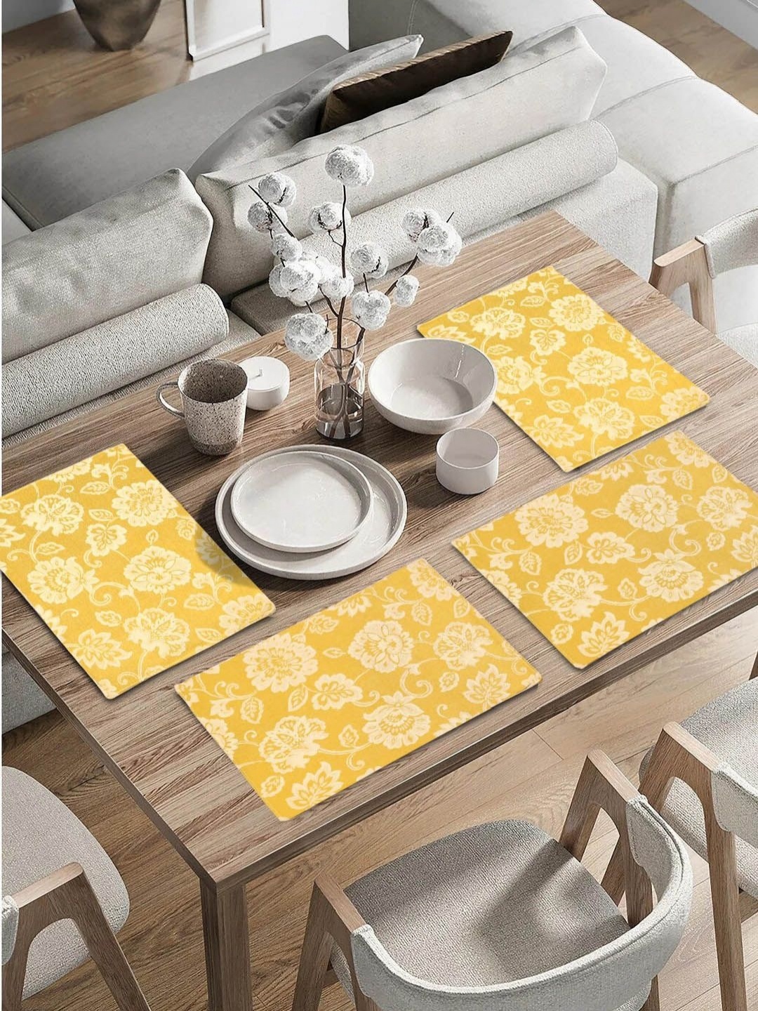 

Saral Home Yellow 4 Pieces Floral Cotton Rectangle Table Placemats