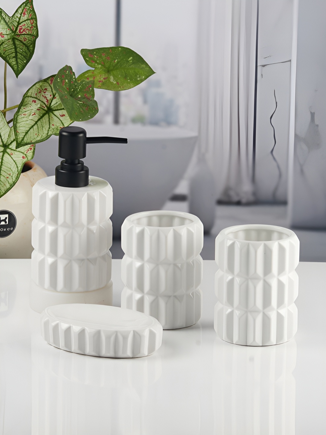 

Kookee White 4 piece Abstract Ceramic Bath Accessories Set