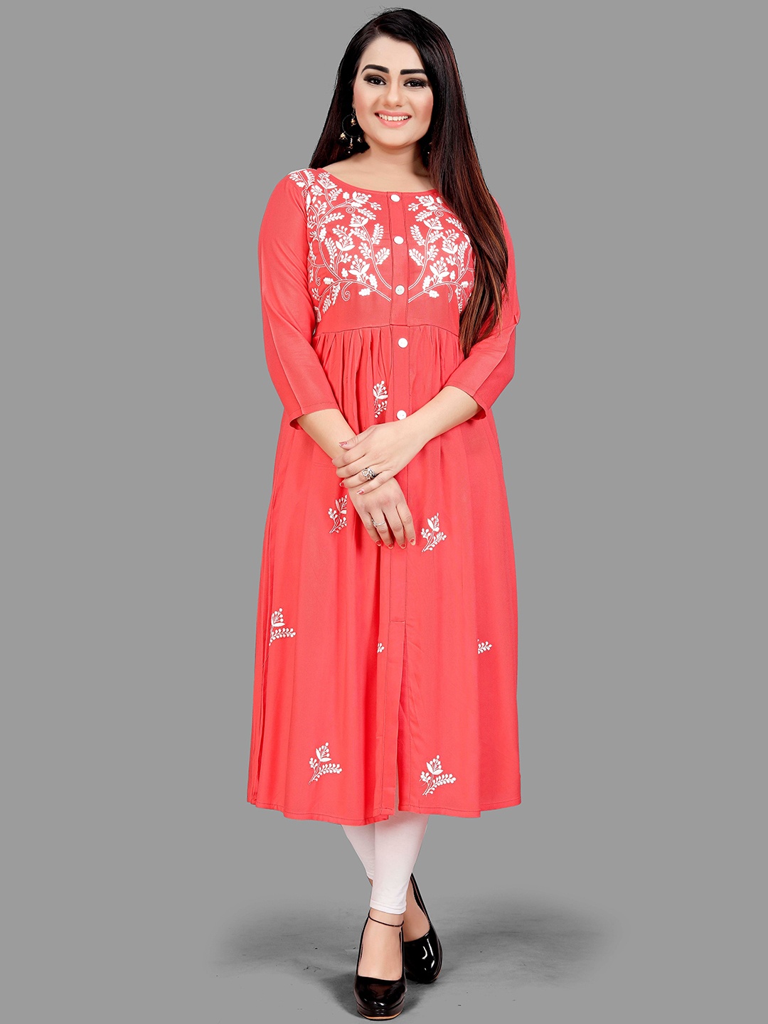 

FANTASY FAB Floral Embroidered Thread Work Anarkali Kurta, Peach