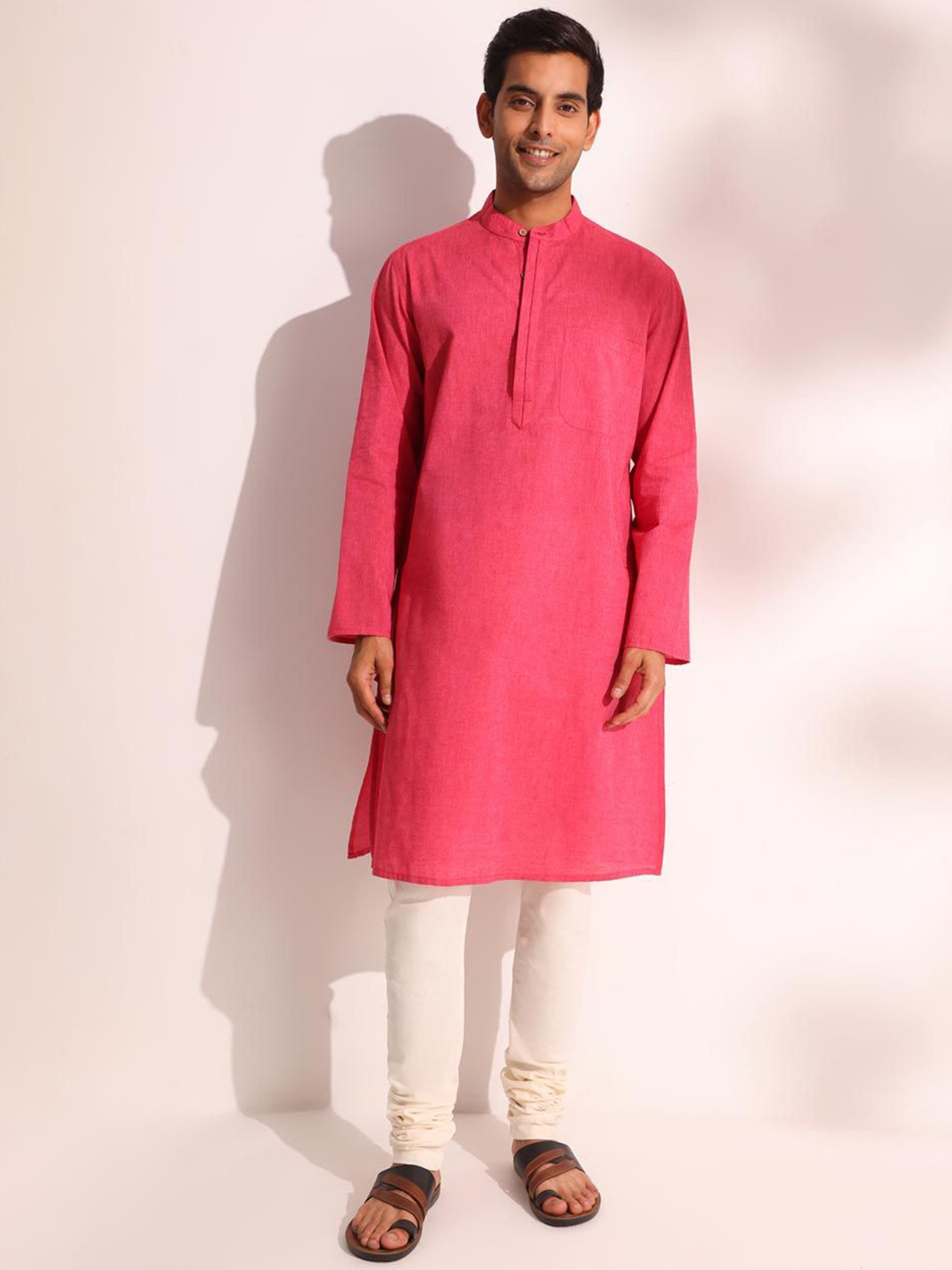

Fabindia Comfort Fit Band Collar Cotton Straight Kurta, Pink