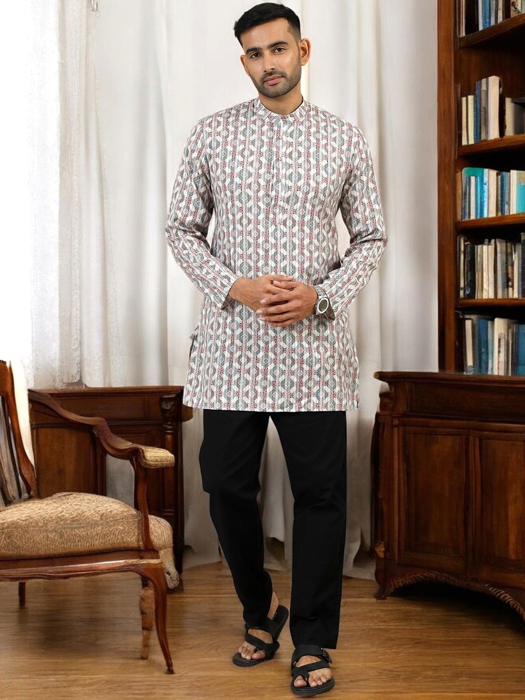 

TATTVA Ethnic Motifs Printed Mandarin Collar Pure Cotton Short Kurta, White