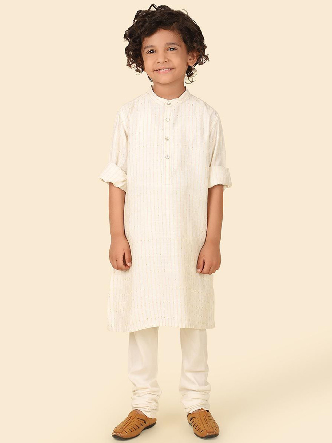 

Fabindia Boys Striped Woven Design Band Collar Straight Kurta, Off white