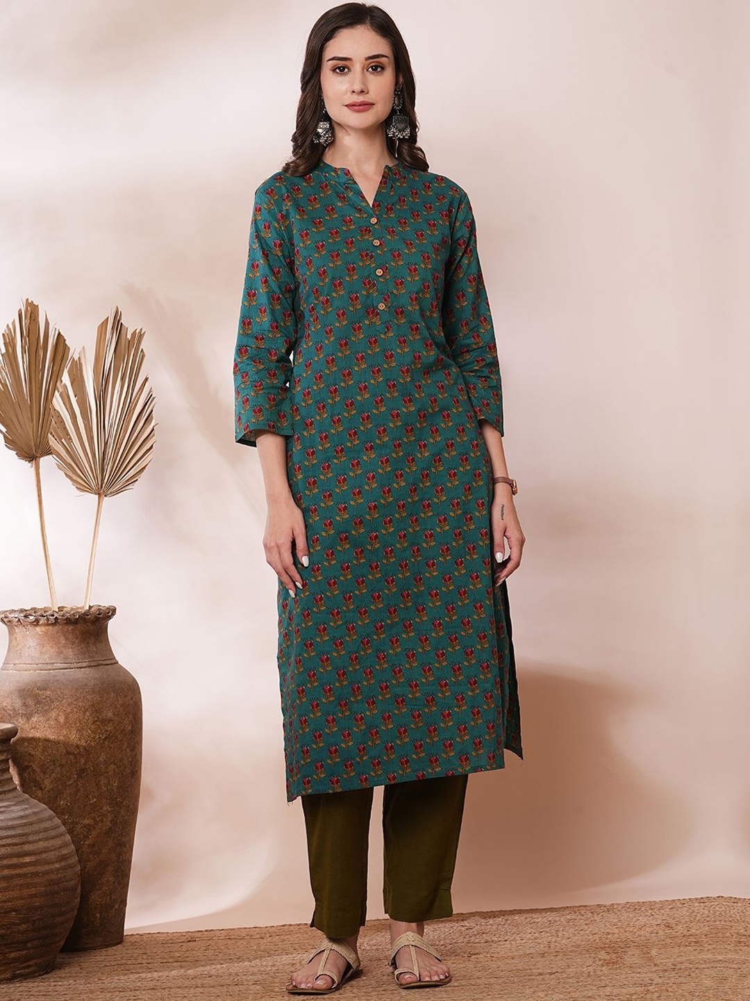 

FASHOR Floral Printed Mandarin Collar Cotton Straight Kurta, Sea green