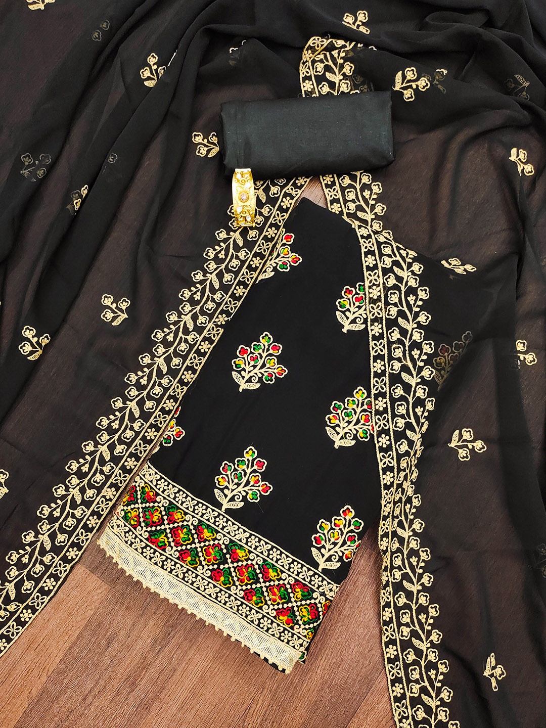 

KALINI Floral Embroidered Silk Georgette Unstitched Dress Material, Black