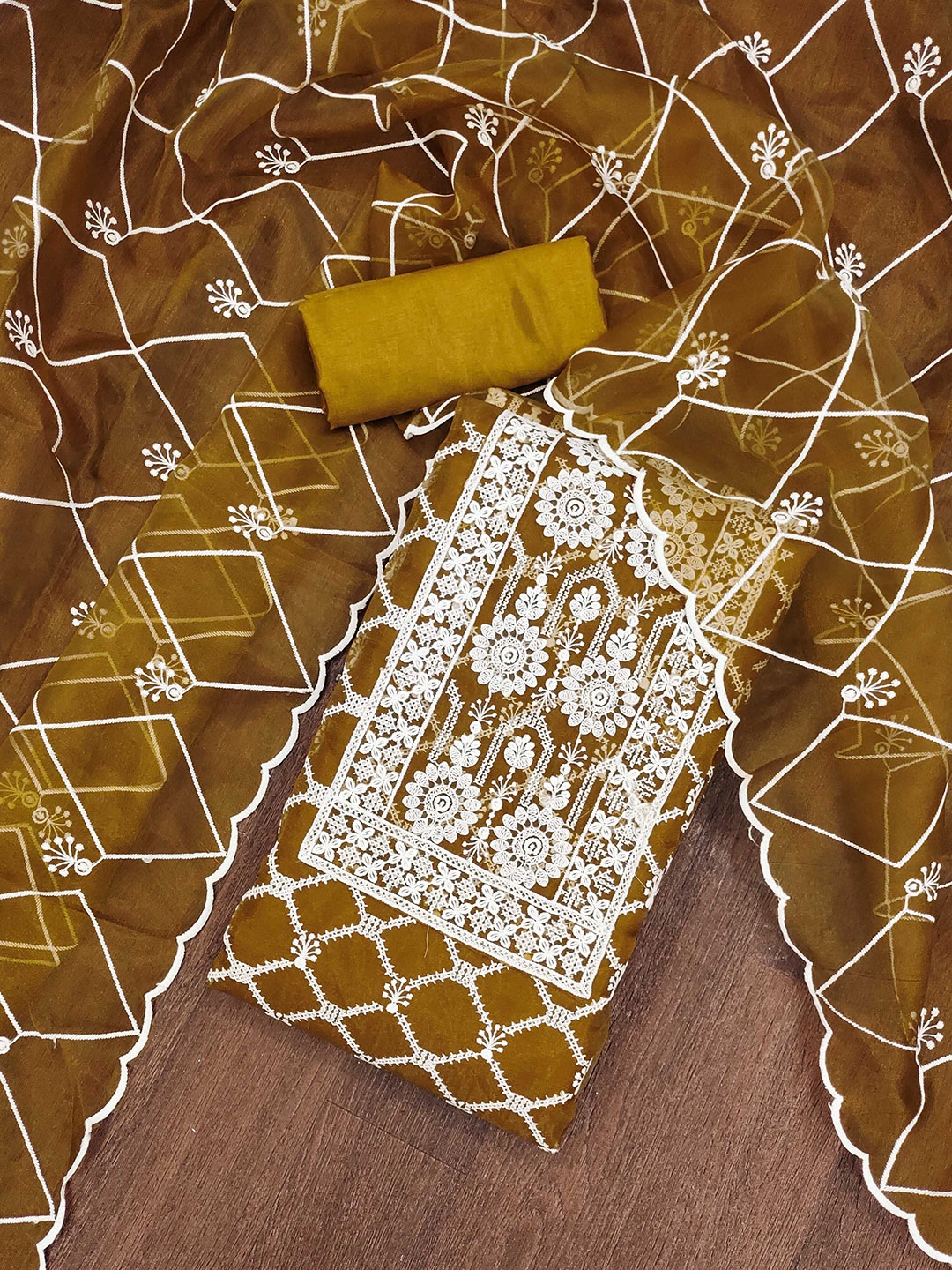 

KALINI Ethnic Motifs Embroidered Zari Organza Unstitched Dress Material, Mustard