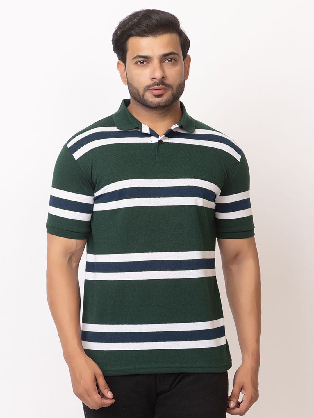 

WILD COPS Men Striped Polo Collar T-shirt, Green